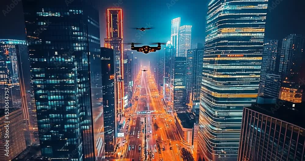 Cityscape at night with illuminated skyscrapers and drones