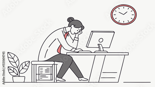 Illustration of a woman at a desk with a computer looking tired with a clock and plant behind her
