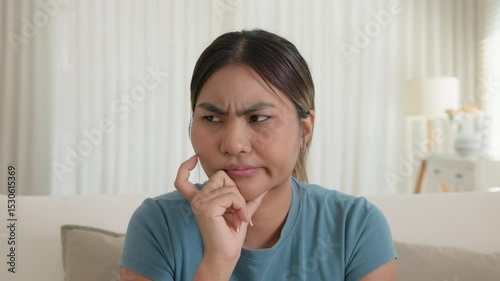 POV device screen young adult Gen Z asia people woman look at camera idea doubt face tired in mid life crisis mental health illness. Pain regret bad news issue stress, burnout brownout bored think.