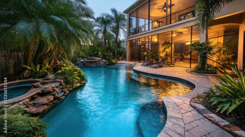 Fototapeta premium Luxury Poolside Oasis: Evening Tranquility at a Tropical Estate