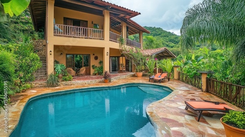 Luxurious villa with a pristine swimming pool nestled in a tropical landscape