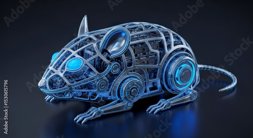 Futuristic Cybernetic Mouse In Metallic Blue And Black With Glowing Details On Dark Background