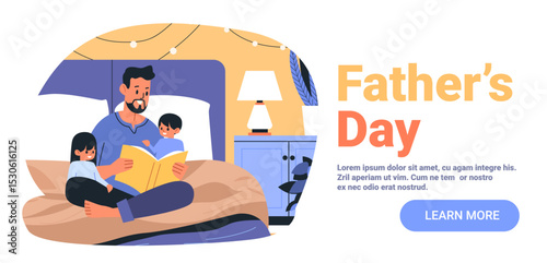 Father reading book to children bedroom family bonding cozy home interior lamp nightstand festive lights blue orange