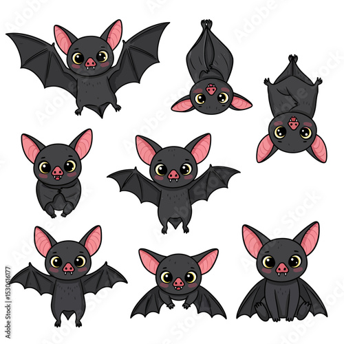Collection of cartoon Halloween bat hanging upside down on a branch. Design for Halloween; Halloween mood. Woodland in the background with moon. Vector illustration
