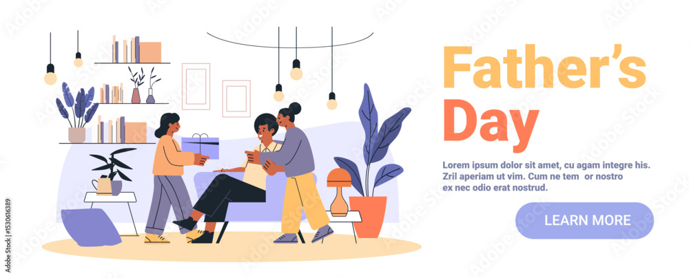 Obraz premium Fathers Day family celebration gift giving living room scene with cheerful people plants modern decor cozy home interior website banner