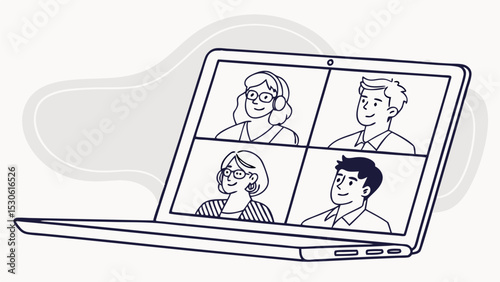 Laptop screen showing a video conference with four people in separate windows in a line art style