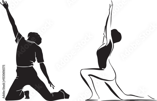  Yoga Silhouette Set Featuring Two Stylized Figures in Crescent Lunge and Side Stretch Poses in Black Vector Design