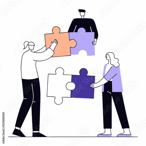 Team collaboration solving puzzle on a white background