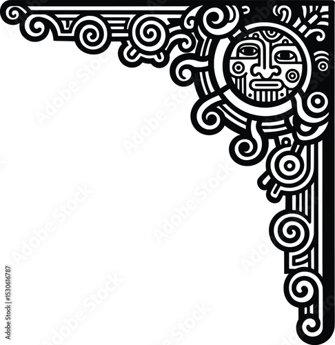 Intricate Sun God Corner Frame A Black and White Vector Illustration of Mayan-Inspired Art