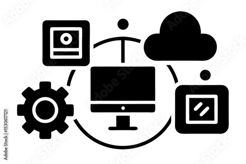 Code Bracket Icon Design with Screen, Gear, Database & Cloud - Coding Theme Illustration