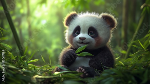 Cute baby panda holding leaf while sitting on grass in green forest with soft sunlight in background. Concept of wildlife innocence photo