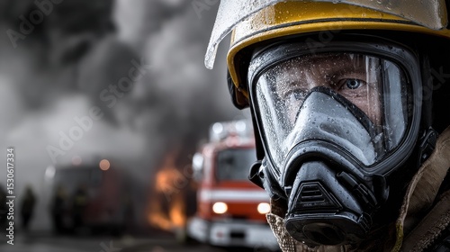 Focused Firefighter in Protective Gear During Blaze