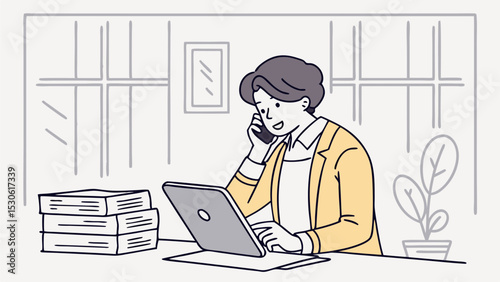 Woman with short hair in yellow blazer using laptop and talking on phone in office setting at desk with books
