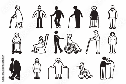 Priority Seating and Accessibility Outline Icon Collection. Grandparent, Old Age, Retirement, Special Needs, Mobility, and Assistance Elements. Vector Pack.