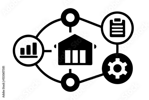 Modern Supply Chain Management: Warehouse Icon Linked to Chart, Cog, List & Barcode