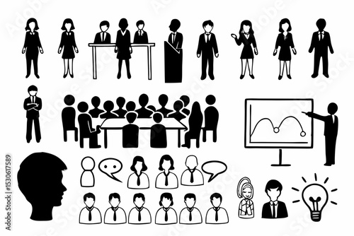 Population and Demographics Vector Icon Pack. Group of people, single person, superhero, standing figures, excited individuals, business attire, and abstract human forms. Hand-drawn vector icons.