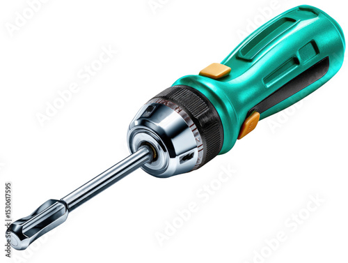Electric Screwdriver Close-up: Teal electric screwdriver with interchangeable bits, isolated on white. This versatile tool is perfect for DIY projects and repairs.