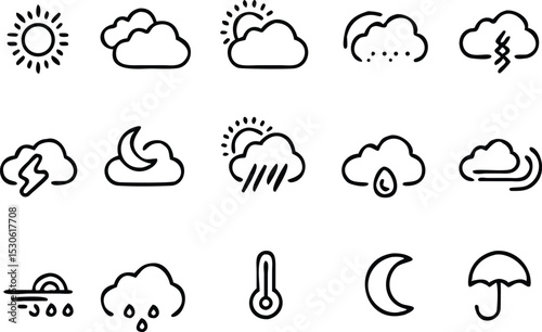 Collection of weather thin line icons, sun, cloud, moon, wind, thermometer isolated on white background, weather business concept, vector illustration
