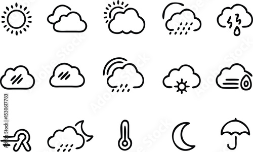 Collection of weather thin line icons, sun, cloud, moon, wind, thermometer isolated on white background, weather business concept, vector illustration