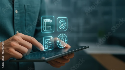 Professional hands holding tablet with glowing safety icons, showing digital monitoring for work safety, compliance audits, and risk assessment tools