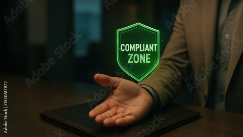 Businessman holding digital shield symbol for compliant zone, showing workplace protection, work safety management, and smart risk assessment system
