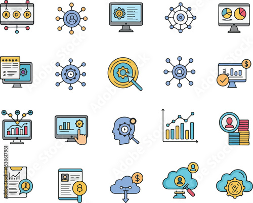 Collection of icons, most of which seem to represent data analysis, networking, or cloud computing.eps