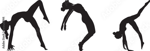  Acrobatic Silhouette Trio Featuring Handstand Variations and Backbend Pose in Bold Black Vector Design
