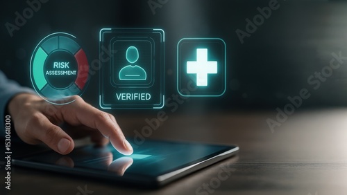 Businessman tapping on tablet with floating compliance icons, showing digital workplace tools for risk assessment, work safety, and legal standards
