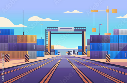 Shipping containers trade port scene global commerce. Stacked containers crane and tracks under blue sky. Vivid colors industrial setting. Ideal for banner or website