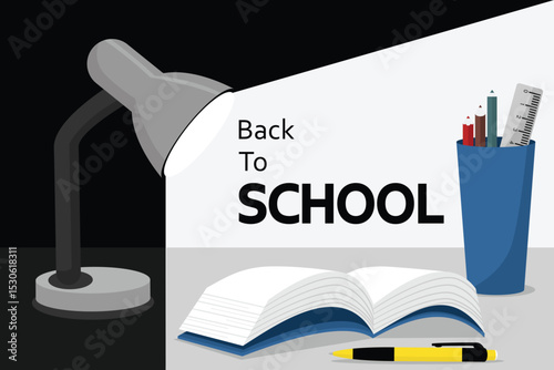 Back to school backdrop. With stationery, lamp, books, ruler. school accessories. For poster, banner, flyer, sales banner.