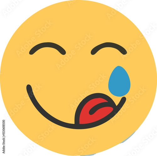 Yummy face smiley icon delicious with tongue lick mouth, tasty food eating emoticon face on yellow background, tasty emoji with saliva drops, smile vector cartoon line style