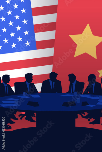 Trade negotiation meeting silhouette with flags. Businesspeople at round table in front of US and China flags. Geopolitical discussion concept