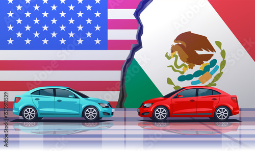 Trade war USA Mexico concept illustration. Two cars face off against a backdrop of torn USA and Mexico flags symbolizing tariffs conflict. Colorful automotive theme