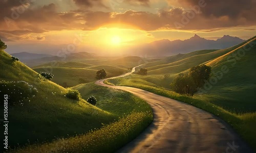 Serene Sunset Landscape Winding Road Through Rolling Green Hills