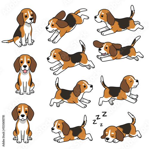 Cute dogs doodle vector set. Cartoon dog or puppy characters design collection with flat color in different poses. Set of funny pet animals isolated on white background.