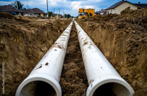 Wallpaper Mural Two Rows Of White Plastic Pipes In A Trench On A Construction Site Torontodigital.ca