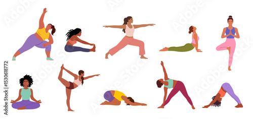 Set of diverse women in colorful sportswear performing yoga poses and exercises. Fitness illustration in modern flat style, perfect for wellness, health, and workout-related designs