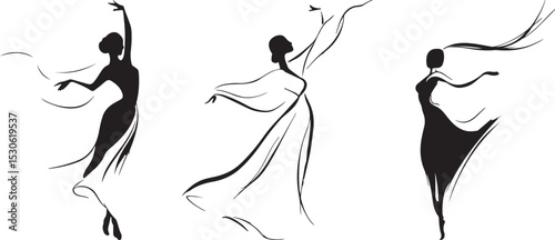 Abstract Dancer Silhouette Trio Featuring Fluid Poses and Minimalist Line Art in Black Vector Design
