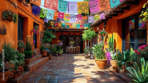 Charming Courtyard of a Colorful Building with Mexican Decorations and Potted Plants