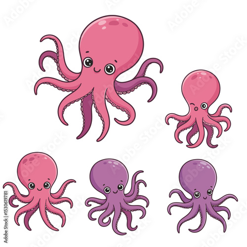 Octopus set. Set of wild marine animals. Cute octopus. Inhabitants of the sea. Flat cartoon underwater scene
