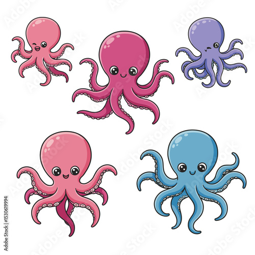 Octopus set. Set of wild marine animals. Cute octopus. Inhabitants of the sea. Flat cartoon underwater scene