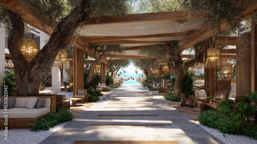 Luxury beachfront resort pathway with wooden pergolas, olive trees and cozy lounge areas leading to ocean view, designed in modern tropical style.