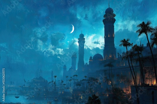 Mysterious Arabian City Under the Moonlight Sky
