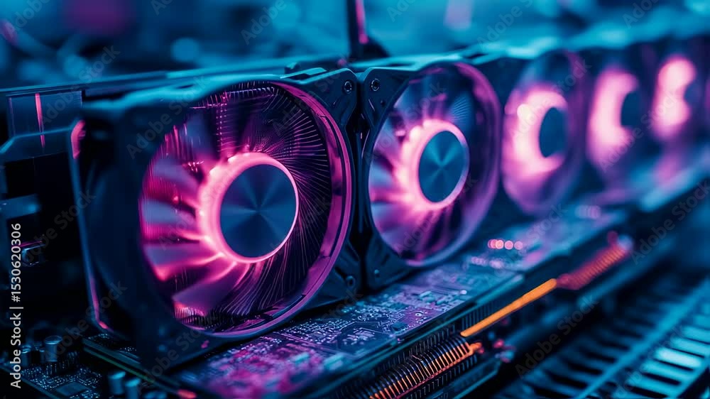 Close up of Cryptocurrency Mining GPU's in Operation with Neon Lighting Effects