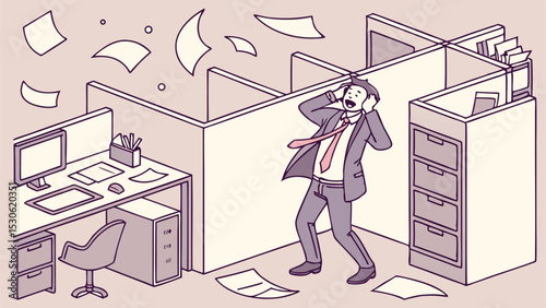 Illustration of a stressed businessman in a cubicle with flying papers and office furniture in a panic mood