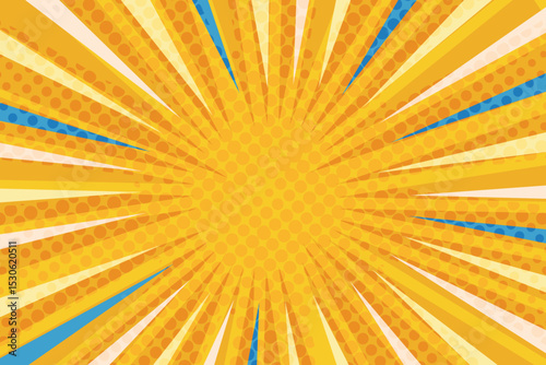 Pop art radial colorful comics book magazine cover. Striped color digital background with thunder flash. Cartoon funny retro pattern strip mock up. Vector halftone illustration. Sunburst shape.