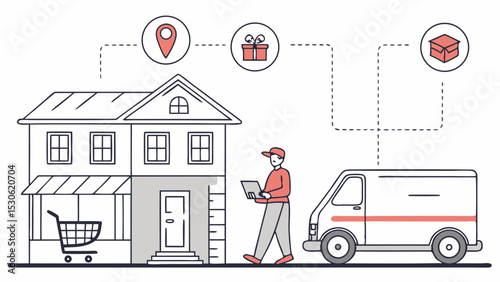 Delivery person with laptop near house and van connected to location gift and box icons online shopping