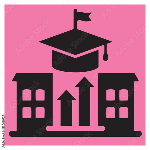 Black and pink educational vector illustration featuring a university building and graduation cap