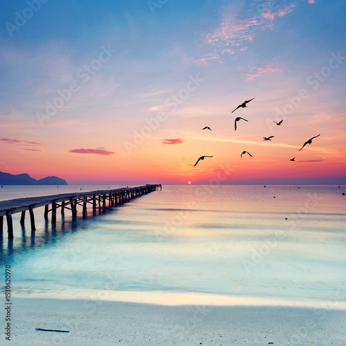 Timeless Wooden Pier Embracing the Mediterranean Horizon at Dawn's Fiery Glow