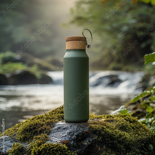 Green Water Bottle with Wooden Lid on Mossy Rock by a Stream